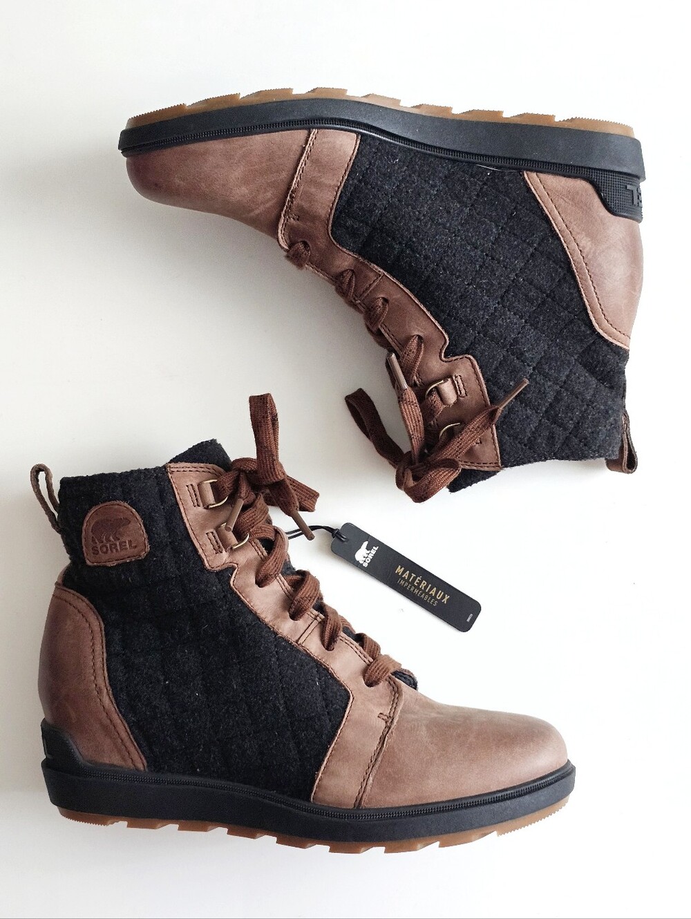 SOREL Evie II NW Lace Plus Leather Waterproof Wedge Bootie Brown Wool Sz 9